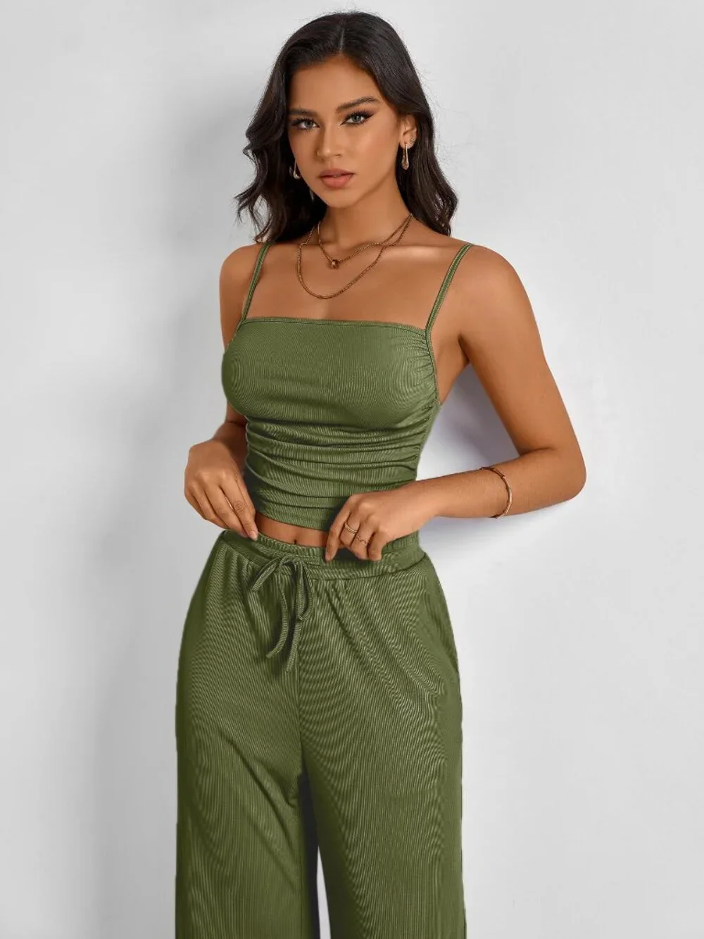 Olive Green Textured Spaghetti Strap Crop Top & Drawstring Wide Leg Pants 2 Piec